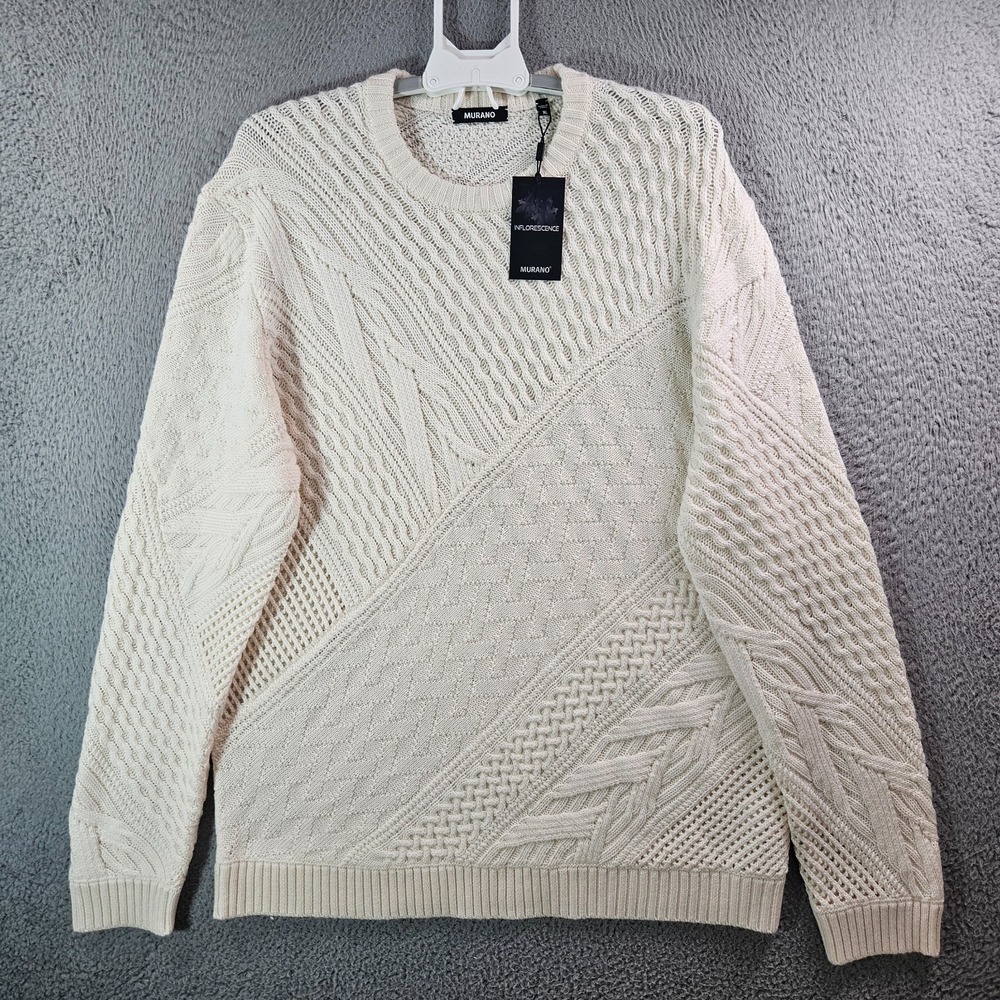 $179‎ NEW Murano Cable Knit Sweater Men XL Wool Blend Crew Neck Cream
